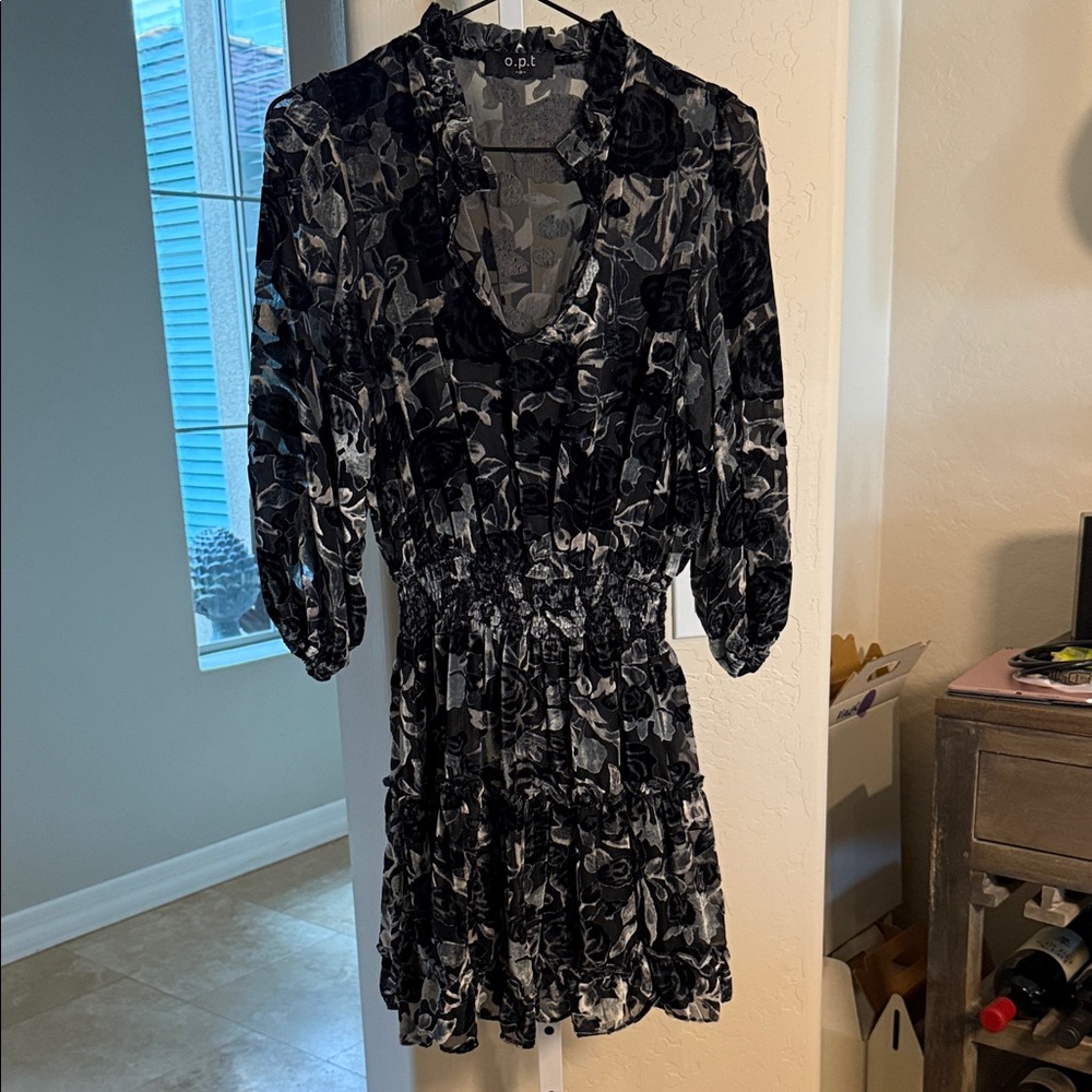 OPT Black and Gray Floral Long Sleeve Dress WITH SLIP